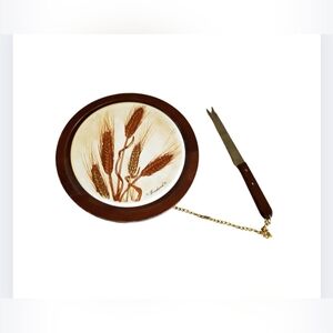 Goodwood Vintage Teak Wood Ceramic 7" Cheese Plate Attached Knife Harvest